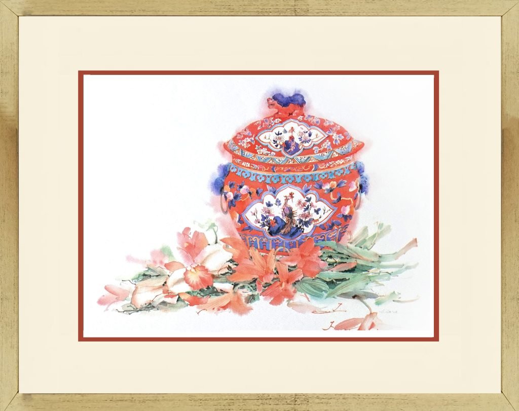 Peranakan Heritage Watercolour Painting of a red kamcheng Pot with Flowers by Clara Hung Mei Yee